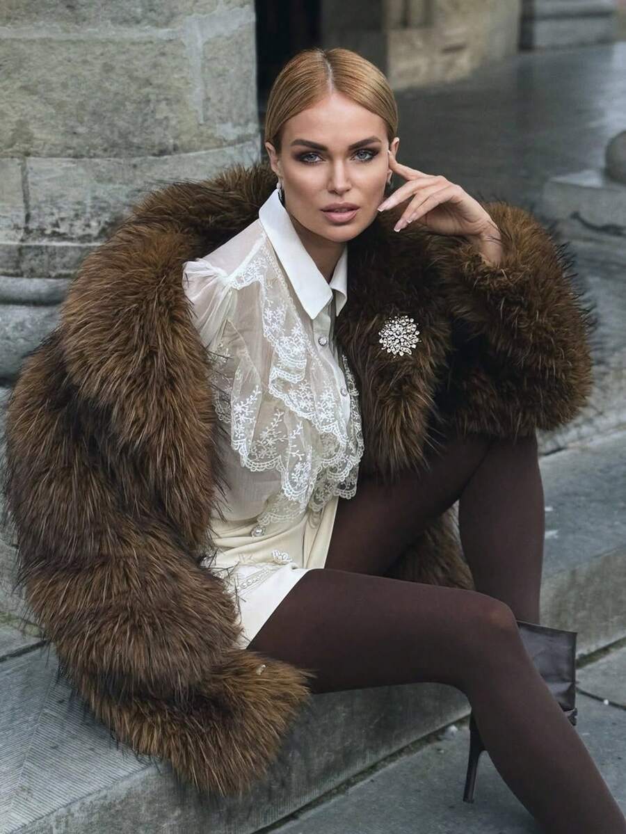 FLORETTA ÉLENA Jachetă de damă la modă cu mânecă lungă și guler din blană artificială Ombre toamnă/iarnă nouă - Maro - Vizualizare 1