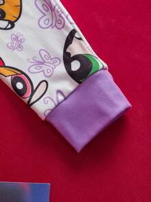 THE POWERPUFF GIRLS X SHEIN 2pcs/Set Young Girl Cute Cartoon Blossom, Bubbles, Buttercup Pattern Crew Neck Long Sleeve Top And Leggings Knit Snug Fit Pajama Set - White - View 6