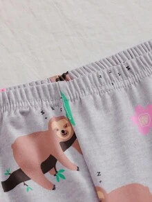 Girls' Tight Fabric Drawstring Cuff Cartoon Sloth Print Long Pants & Long Sleeve Pajama Set - White - View 3