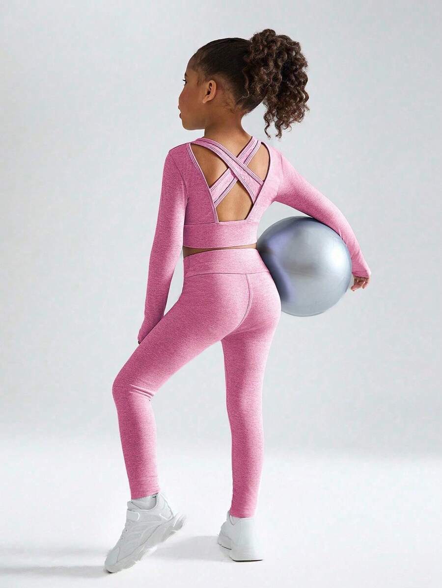 SHEIN Young Girls 2 Pieces Set With Long Sleeve Top With Criss-Cross Back Cutout Design And Skinny Pants, Suitable For Casual Everyday Wear, All Seasons, School, Campus, College - Hot Pink - View 1