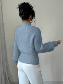 Elenzga 女士优雅纯色立领毛衣，饰有蝴蝶结，秋冬款 - 藍色 - 查看 2