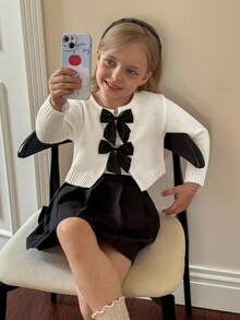 SHEIN Young Girl Bowknot Cardigan With Round Neck, Casual For Daily Wear, Autumn/Winter,Long Sleeve Tops, Elegant & Cute, High Quality, Warm & Soft, Versatile For Play, Daily Wear, School, Autumn & Winter,Back To School Season.College Style