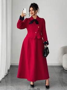 SHEIN Elenzya 2 chiếc váy dạ hội cô dâu màu đỏ, váy ngắn tay dài thanh lịch, cỡ lớn - Đỏ - Xem 5