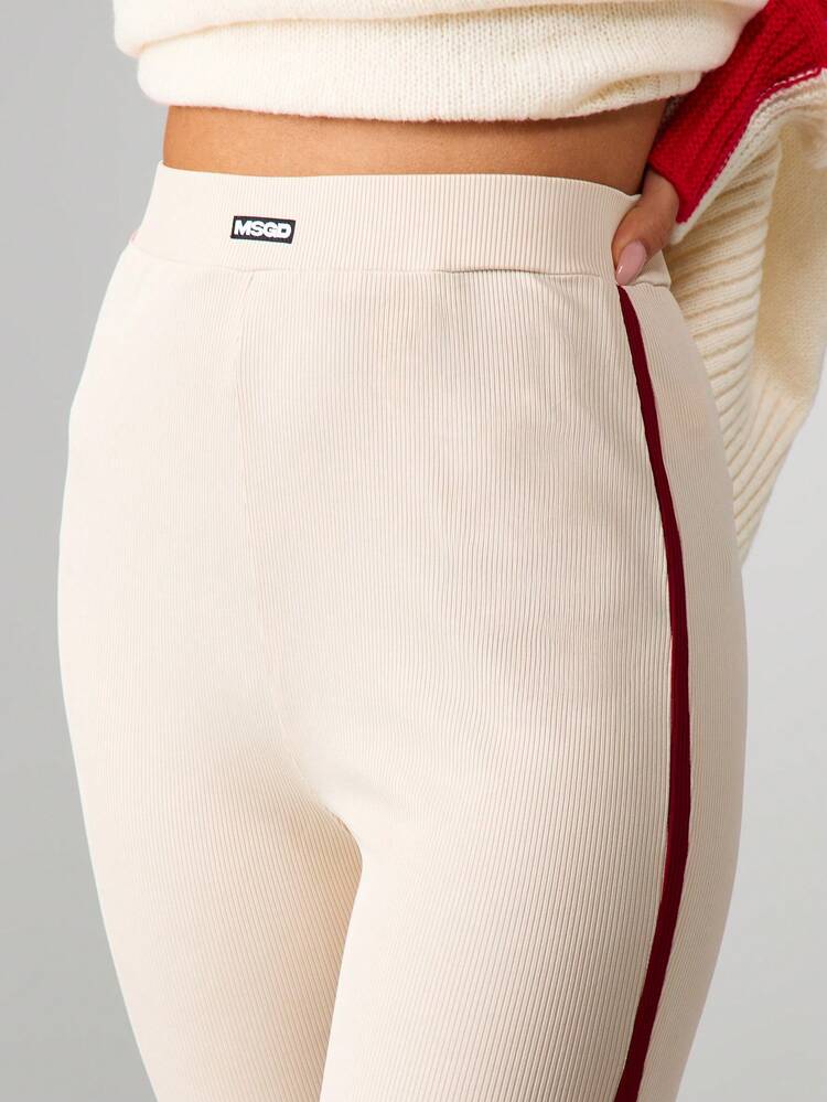 MISSGUIDED Quần legging cạp cao có gân với họa tiết sọc tương phản mang lại sự thoải mái mỗi ngày - Màu be - Xem 4