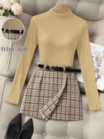 Franclia בגד גוף גולף שחור אלגנטי לנשים עם צווארון גולף סריג בשילוב חצאית צמודה משובצת וינטג', משובץ בחגורה שחורה, סט 2 חלקים, אופנתי ומינימליסטי לסתיו