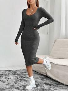 SHEIN PETITE Solid Ribbed Knit Bodycon Spring Women Dress - Dark Grey - View 3