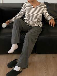 DAZY Women's Casual Striped Top And Solid Color Pants Pajama Set, Autumn/Winter - Black - View 1