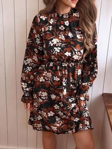Louniche Women's Floral Print Collared Waist Cinched Long Sleeve Short Dress, Brown Tones, Autumn/Winter - Brown - View 10