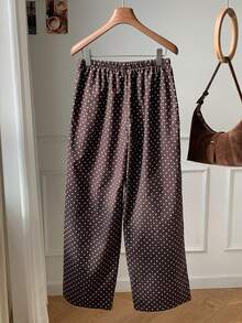 少女波点抽绳腰带休闲百搭阔腿裤，适合日常穿着 - 棕色 - 查看 2
