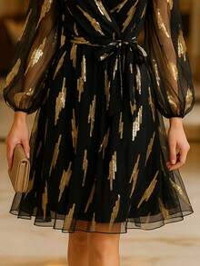 Balvessa Women's Black & Gold Foil Crossover Front Mini Dress, Long Sleeve