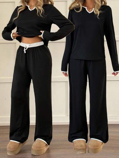 SHEIN Teen Girls Pajamas Contrast Binding Notched Neckline Knot Front Lounge Set Cozy Fall & Winter Styles Suitable For Autumn/Winter Suitable For New Year, Daily, Celebration, Autumn & Winter Outfits For Easy Comfort, Autumn & Winter Layers For Girls, Stylish Girls