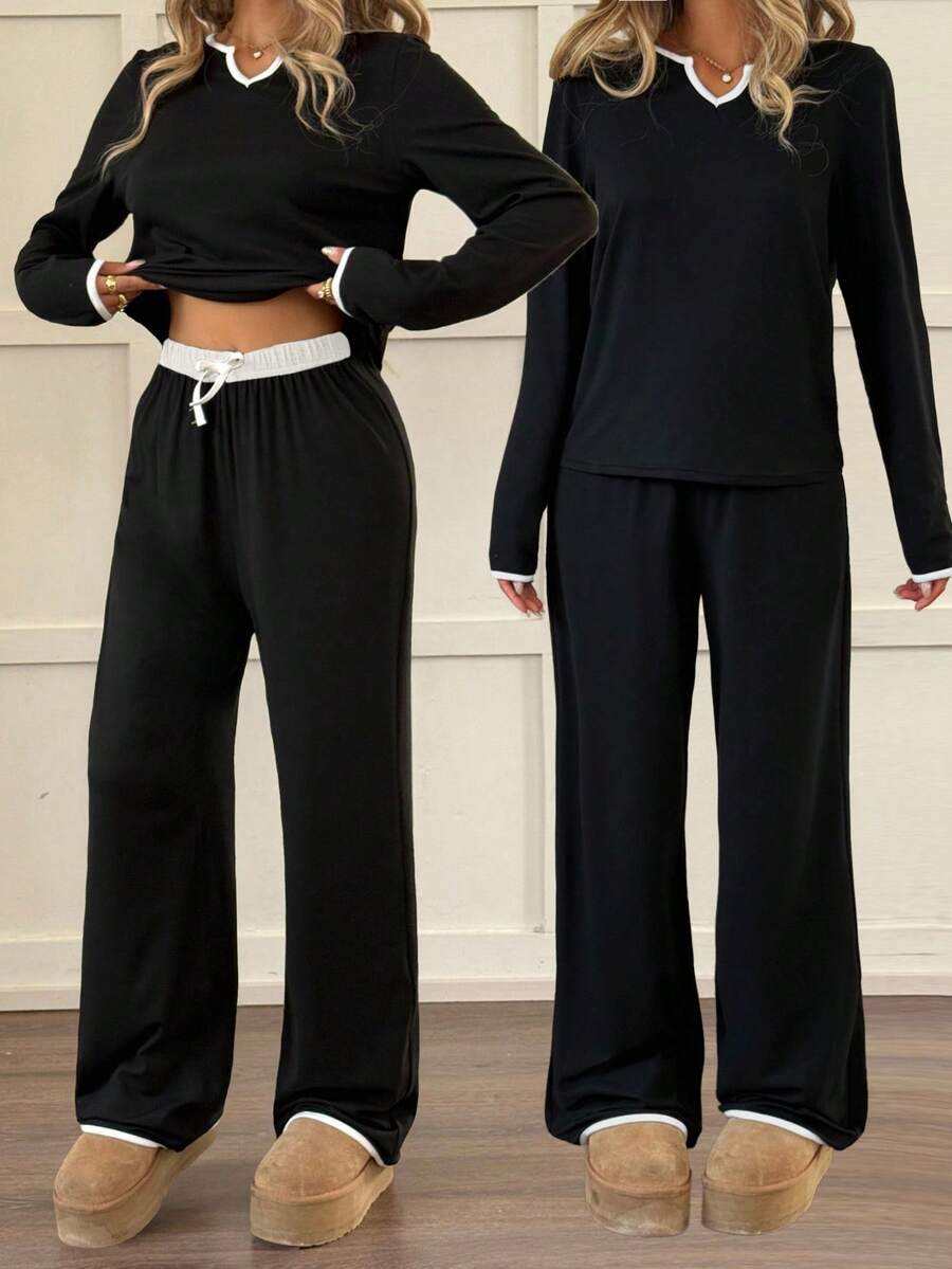 SHEIN Ensemble de pyjama pour adolescentes avec bordure contrastée, encolure échancrée et nœud devant - Noir et Blanc - Voir 1