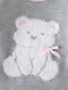 SHEIN Playful Pals 小女孩可爱小熊提花针织圆领A字连衣裙，饰有手工蝴蝶结，褶裥下摆，适合户外旅行和居家穿着。 - 灰色 - 查看 5