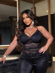 NU&NOW 大码女式细肩带 V 领蝴蝶结荷叶边拼接复古可爱透明蕾丝吊带背心 - 黑色 - 查看 4