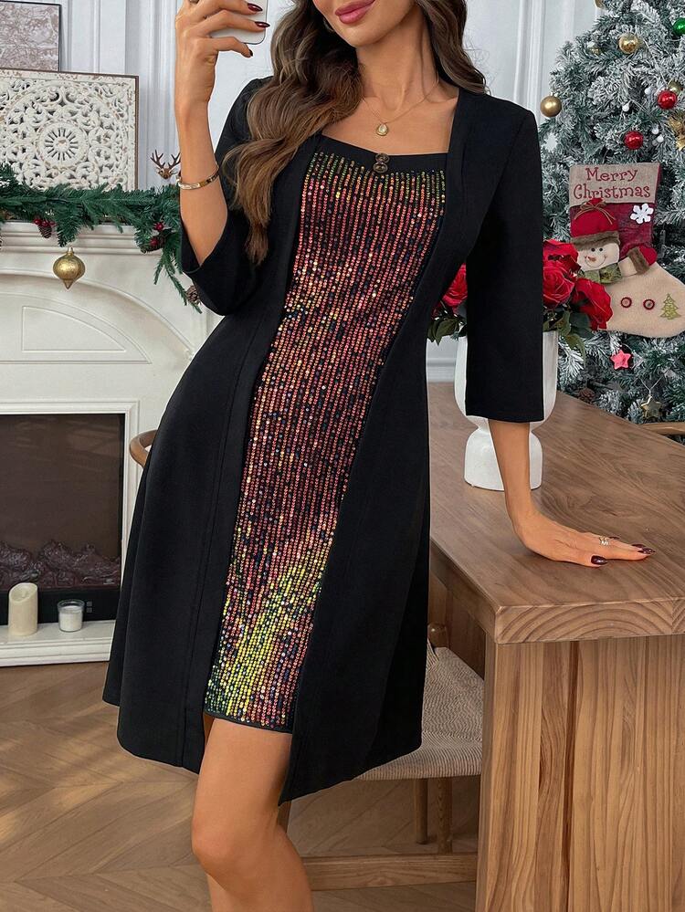 Vestido elegante de longitud media con cuello en forma de corazón y parches de lentejuelas para mujer