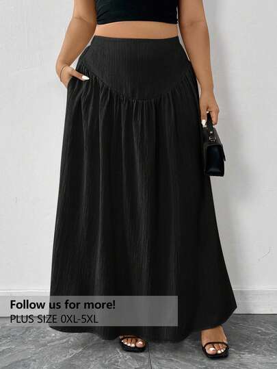 Firerie Plus Size Women Elastic Waist Flared A-Line Long Skirt, Elegant Vintage Romantic Beach Holiday Ins Crepe With Real Pockets, Apricot Color