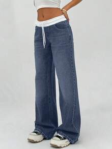 EURMUSE 100% 纯棉女式短裙年轻时尚低腰阔腿宽松牛仔裤