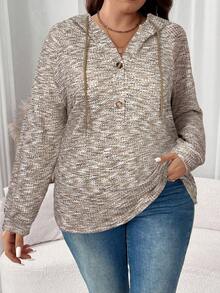 EMERY ROSE Plus Size Women's Hooded Drawstring Button Waffle Fabric Loose Casual Sweatshirt, Autumn & Winter Sweatshirts Christmas Holiday - Khaki - View 5
