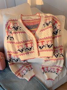 CovetEZ Women's Autumn Winter Pink Fair Isle Sweet Retro Pattern Long-Sleeved Knitted Sweater, Crop Top, Jacket, Cardigan, Cropped Sweater, Retro , 90s , Women's Winter , Women's Winter , Women's Autumn , Christmas Women's , Christmas Sweater, Christmas Sweater, New Year Women's , Thanksgiving Women's , Elegant Women's Blouse, White Top, Pink Top Crop Top Jacket Cardigan Cropped Crop Sweater Vintage 90s Women - Pink - View 4