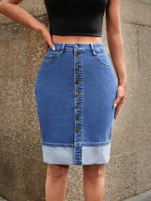 Selenza Chân váy denim ngắn ôm sát cài nút phía trước, thường ngày dành cho nữ - Màu xanh lam - Xem 5