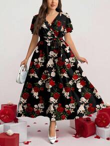 Firerie Váy suông rộng rãi họa tiết hoa hồng cổ điển tối giản giản dị cỡ lớn, phù hợp cho mùa thu/đông - Nhiều màu - Xem 2