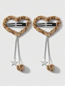 ROMWE Kawaii 2 pezzi Set di fermagli per capelli stile Y2K retrò e chic, decorati con stampa leopardata giallo-marrone lucida, cuore, catena cava d'argento, stella, palla soffice, di alta qualità e minimalista, adatti per uso quotidiano delle donne, regalo per le vacanze - marrone giallastro - Visualizzare 1
