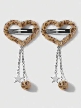 Kawaii 2 Stück Y2K Chic Retro personalisierte Mode minimalistische hochwertige gelb-braune glänzende Leoparden-Muster, Herz, silberne Cut Out Kette, Stern, flauschige Ball verzierte Haarspangen Set, geeignet für Frauen Alltagstragen, Urlaubsgeschenk