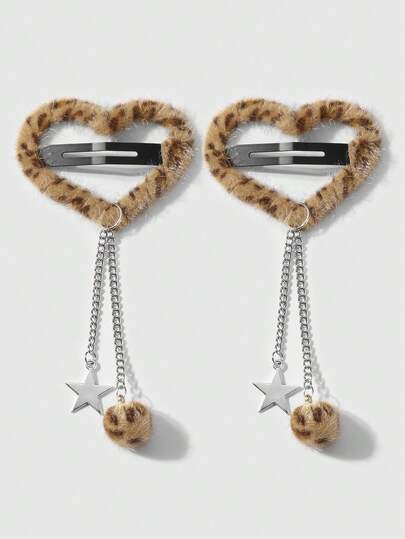 Kawaii Set de 2 piezas de pasadores y hebillas para el cabello con decoración de estampado de leopardo amarillo-marrón brillante, corazón, cadena hueca plateada, estrella y bola esponjosa, en estilo retro y minimalista chic Y2K, adecuado para uso diario de mujeres, regalo para fiestas