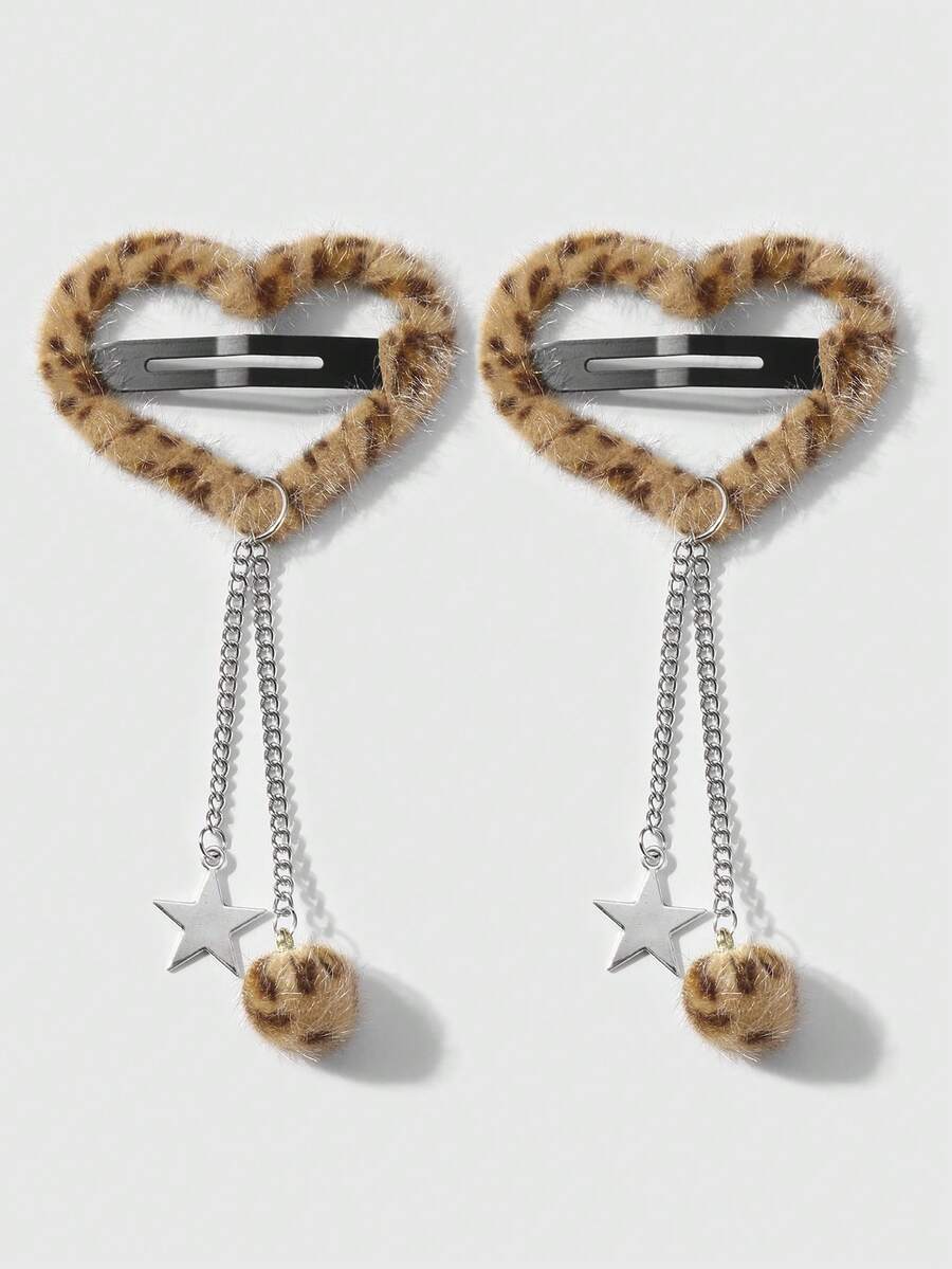 ROMWE Kawaii 2 pezzi Set di fermagli per capelli stile Y2K retrò e chic, decorati con stampa leopardata giallo-marrone lucida, cuore, catena cava d'argento, stella, palla soffice, di alta qualità e minimalista, adatti per uso quotidiano delle donne, regalo per le vacanze - marrone giallastro - Visualizzare 1