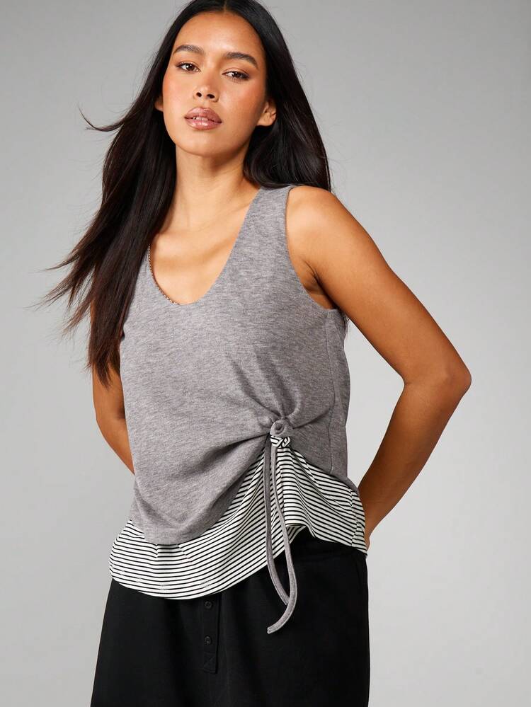 MISSGUIDED Contrast Camisole Tank Top With Side Tie Detail V-Neck Striped Hem Summer Casual Layering Top