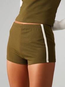 MISSGUIDED 夏季休闲罗纹短裤，侧条纹设计 - 墨綠色 - 查看 5