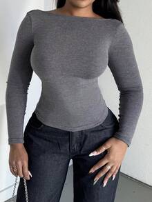 Alexandranx 1pc Women's Backless Minimalist Casual T-Shirt, Stylish For Everyday Christmas Clothes Women New Years Women Going Out Tops Women Backless Top New Years Top Going Out Top Party Top - Grey - View 4