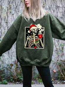 INAWLY Women's Casual Skull Print Crew Neck Long Sleeve Fleece Sweatshirt, Autumn/Winter - Mint Green - View 3