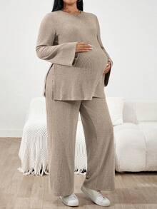 SHEIN 2pcs Maternity Plus Size Solid Color Round Neck Long Sleeve Ribbed T-Shirt And Adjustable Waist Pants Casual Set