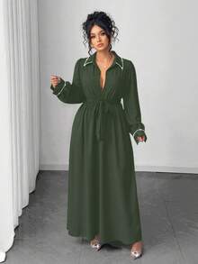 Elenzga Vestido elegante de talla grande con decoración de perlas y rhinestones para uso diario - Verde militar - Ver 4