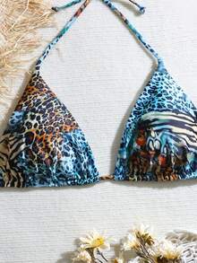 SHEIN Swim Curve 夏季单件大码女式露背印花性感三角比基尼上衣，休闲度假比基尼