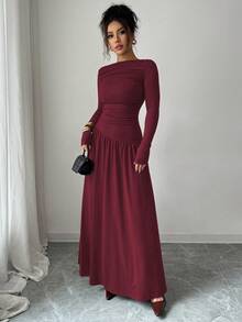 Elenzga 女士牛奶丝针织弹力露肩褶裥前腰A字宽松长袖连衣裙，优雅法式浪漫风，适合办公室、通勤、街头穿着、冬季穿着，百搭实用 - 酒紅色 - 查看 4