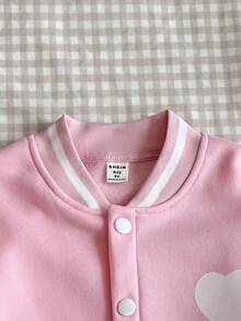 SHEIN Tween Girls' Casual All-Match Versatile School & Daily Wear Cartoon Capybara Pattern Patchwork Baseball Jacket With Thermal Lined, Autumn/Winter - Pink - View 4