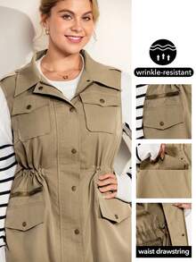Momelise Plus Size Women's Solid Color Turndown Collar Single-Breasted Zipper, Practical Pocket Drawstring Waist Sleeveless Casual Jacket Winter Fall Autumn - Khaki - View 1