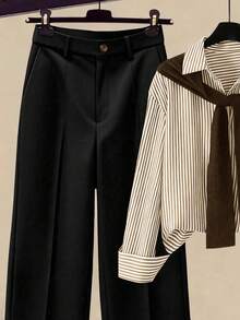 Écloséra 2pcs/Set Women's Striped Shawl Collar Shirt And High Waist Wide Leg Pants, Spring/Autumn