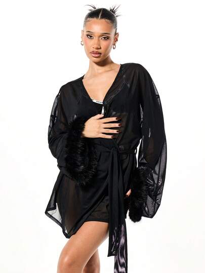 SUMWON WOMEN Luxurious Fur Trim Sheer Chiffon Robe With Belt Long Sleeve Wrap Style Sleepwear