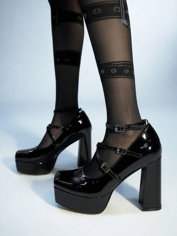 Sugerpunk Tacones de moda con suela gruesa para mujer en color negro