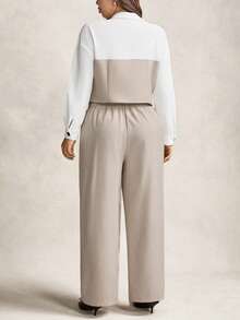 Zelara White,Autumn,Elegant,Formal Plus Size Color Block Long Sleeve Button Front Shirt And Pants 2 Pieces Set Women's Business Casual Commuter Work Attire - Black - View 2