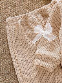 SHEIN Baby Girl Bow Decor Round Neck Long Sleeve T-Shirt And Pants Casual Outfit - Brown - View 5