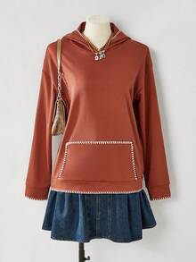 SHEIN LilyWest Áo nỉ trùm đầu màu nâu trơn phong cách Bohemian dành cho nữ, Áo nỉ thêu màu tương phản dành cho nữ - màu nâu - Xem 3