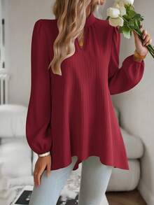 SHEIN Clasi Keyhole Neckline Lantern Sleeve Ruffle Hem Blouse Peplum Top Fall Cloth For Women - Burgundy - View 5