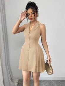 Elenzga Gaun Mini Lipit Kancing Depan Warna Polos Elegan untuk Wanita, Musim Panas - Khaki - View 6