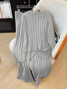 GlowEve CURVE Plus Size Solid Color Cardigan & Knit Pants Set, Casual For Autumn/Winter - Light Grey - View 2