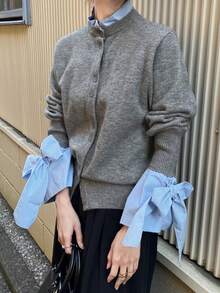 FRIFUL Women's Casual Contrast Color Tie Cuff Cardigan, Autumn/Winter