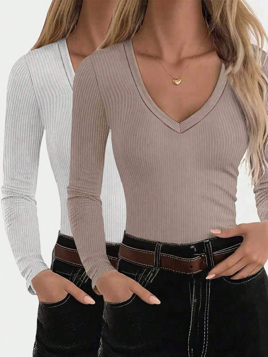 EMERY ROSE Women's Solid Color V-Neck Long Sleeve Fitted Ribbed Casual T-Shirt - Multicolor - View 1